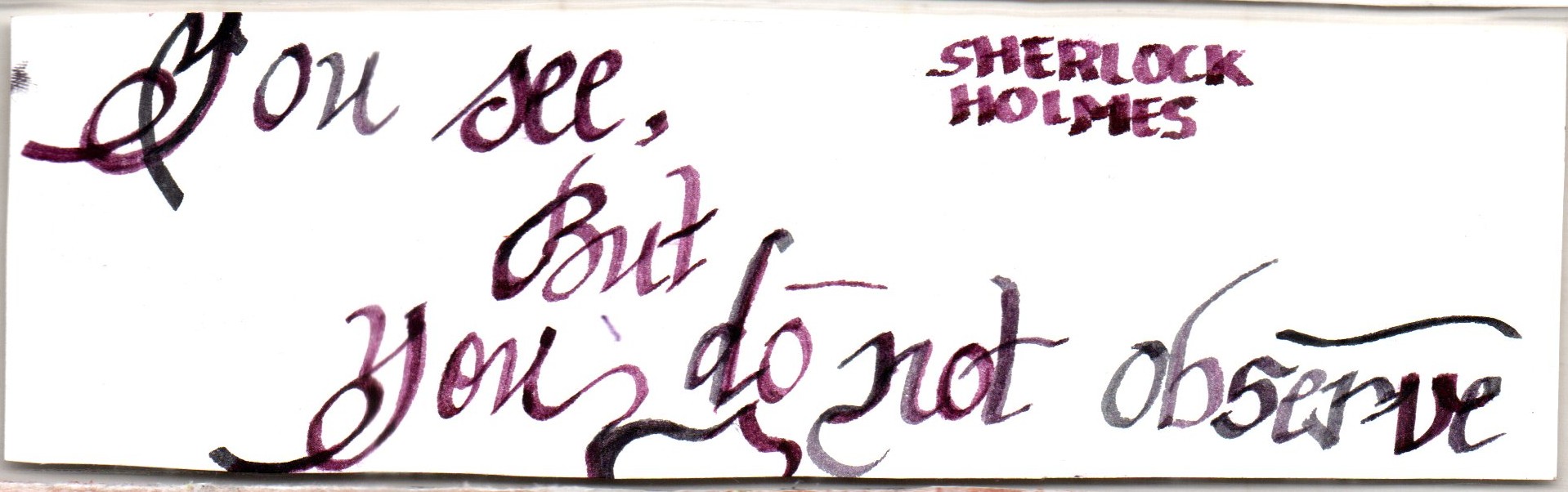 Calligraphy piece reading 'You see, but you do not observe' — Sherlock Holmes