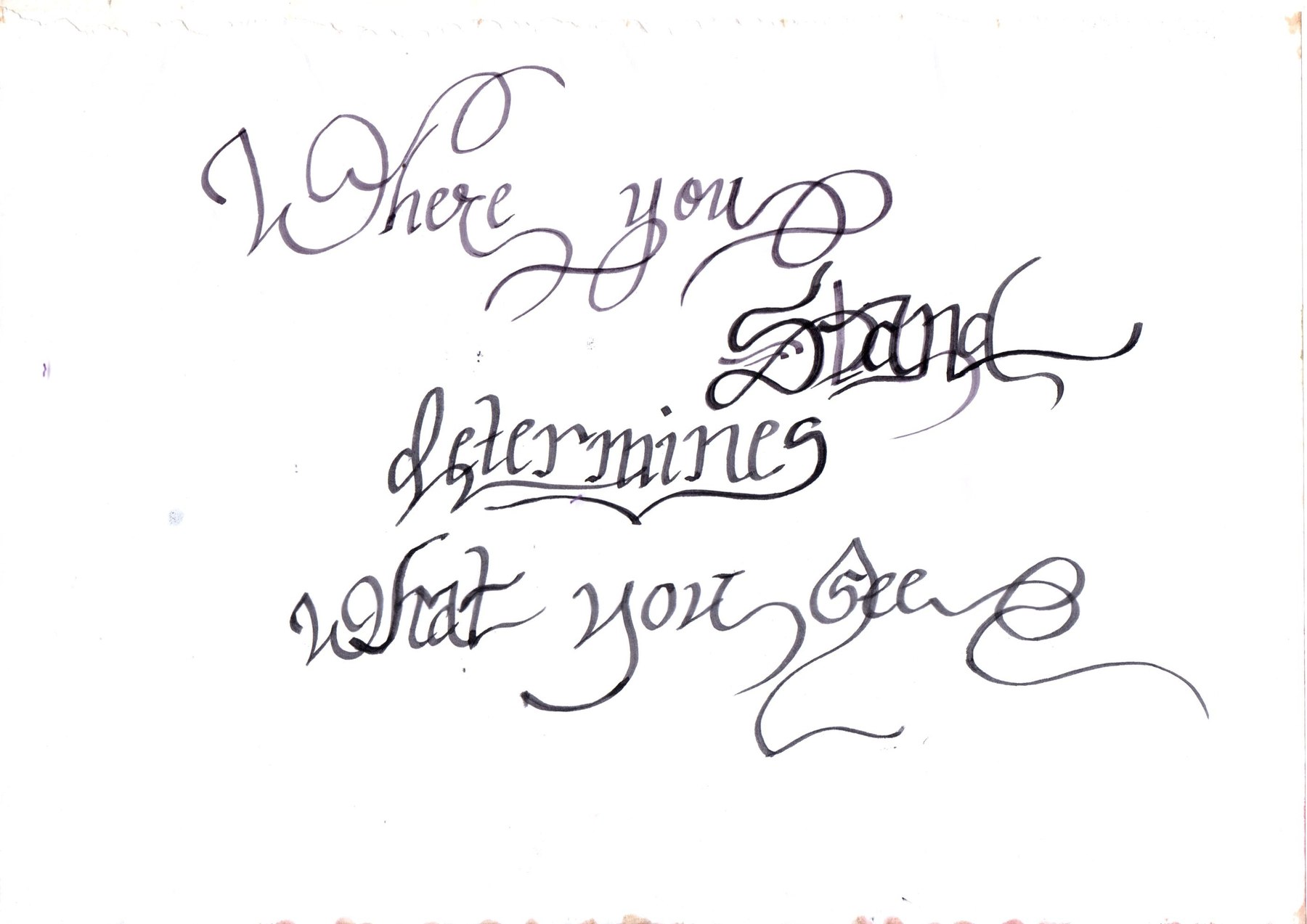 Hand-lettered calligraphy piece reading 'Where you stand determines what you see'